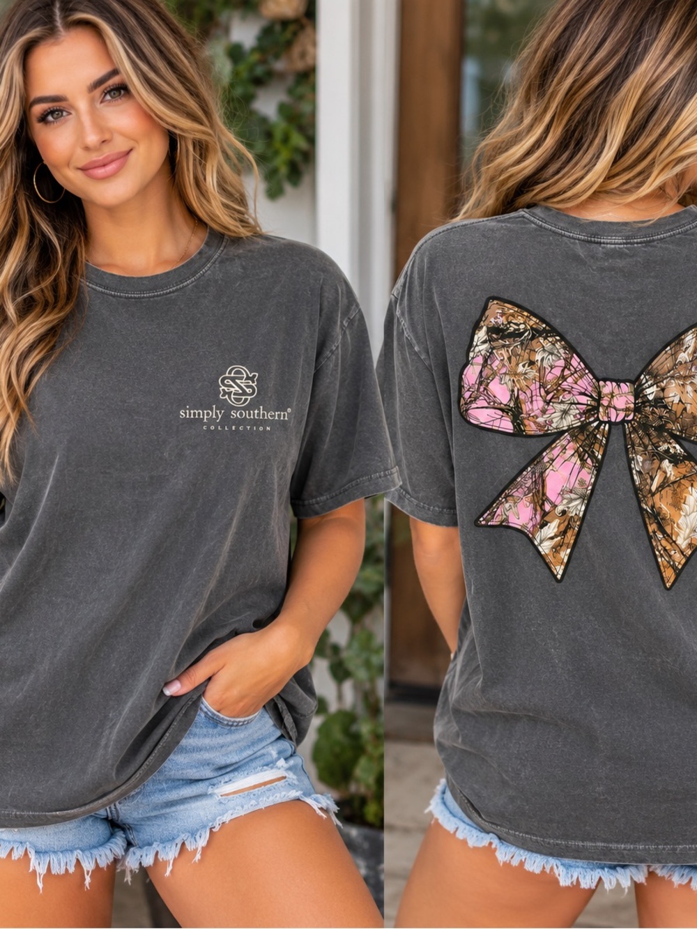 Simply Southern Charcoal Tee with Pink & Brown Camo Bow
